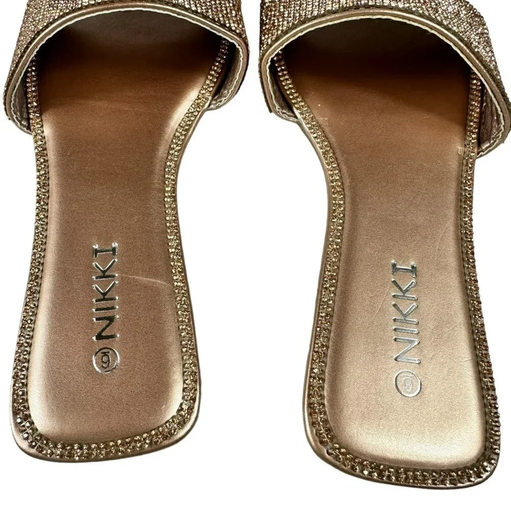NIkki Women's Rhinestone Slide‎ Sandals Open Toe Flat Slip on Rose Gold Sz 6